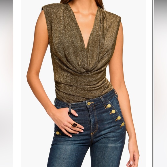 Ramy Brook Consuela Draped Metallic Cowlneck Top in Gold Knit - Picture 1 of 10
